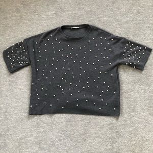 Zara Trafaluc Gray Crewneck Sweater With Pearls